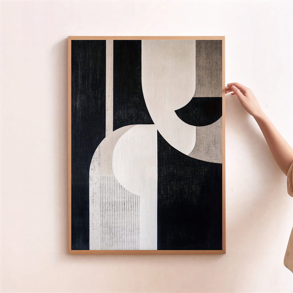 Abstract geometric wall art print in black and beige