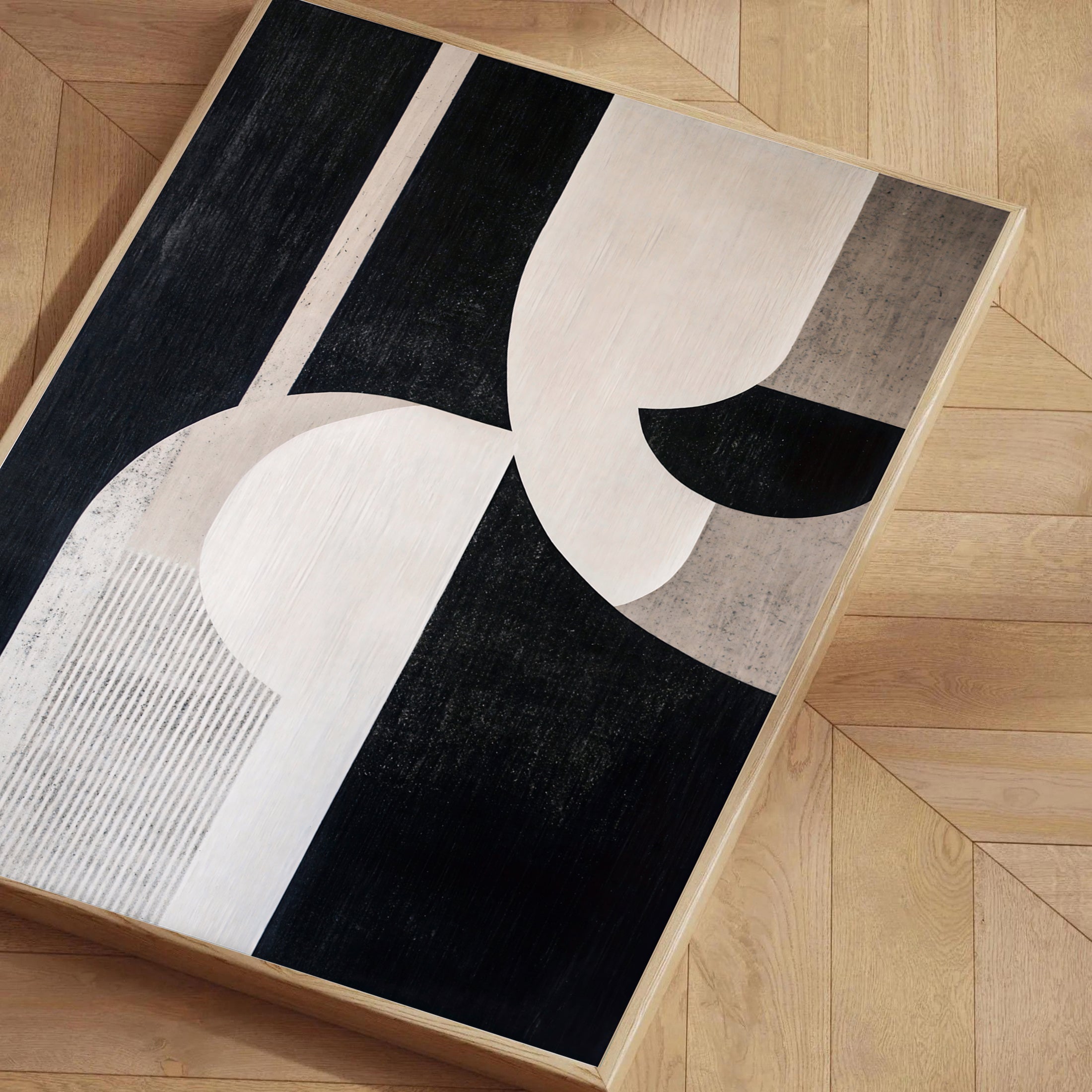 Abstract geometric wall art print in black and beige
