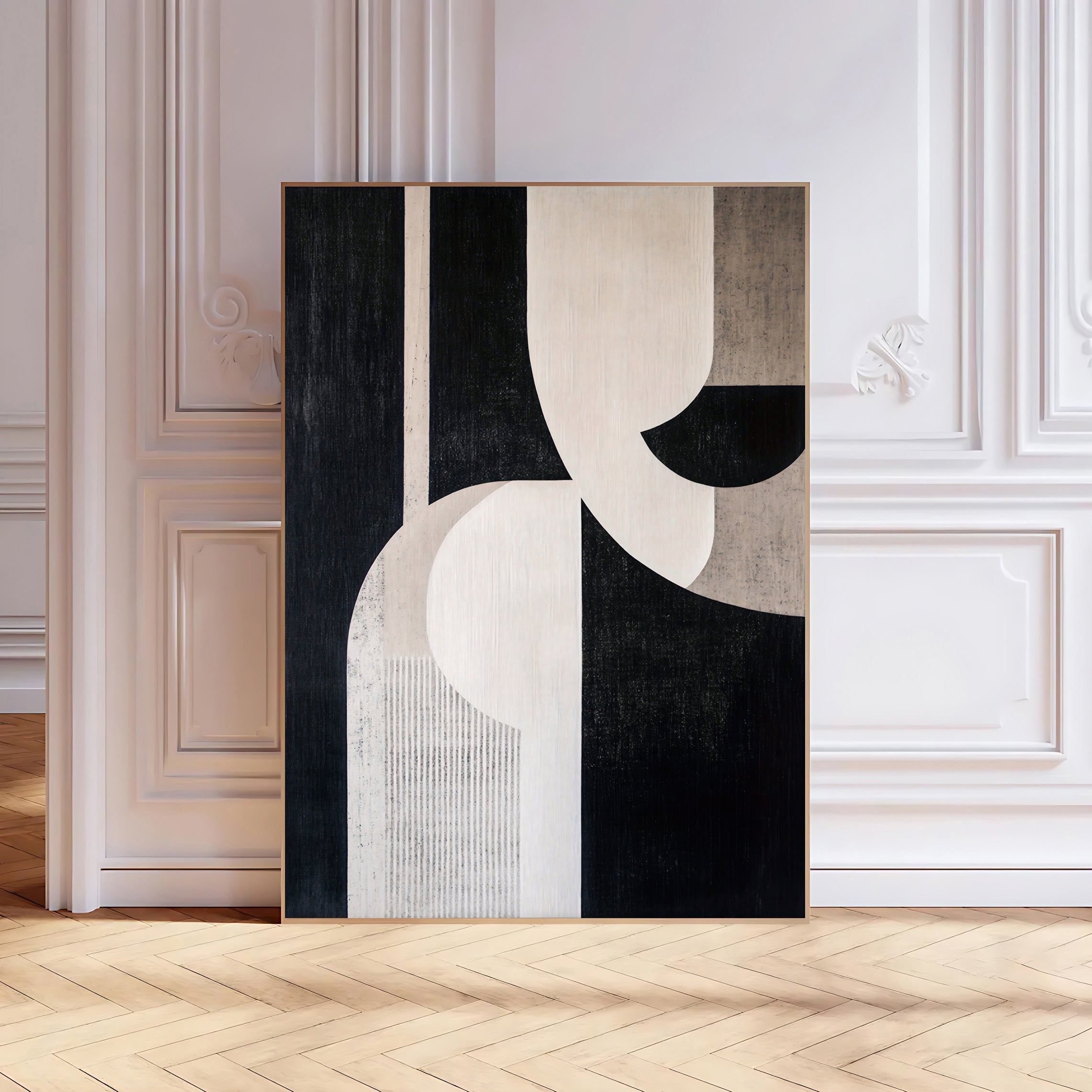Abstract geometric wall art print in black and beige