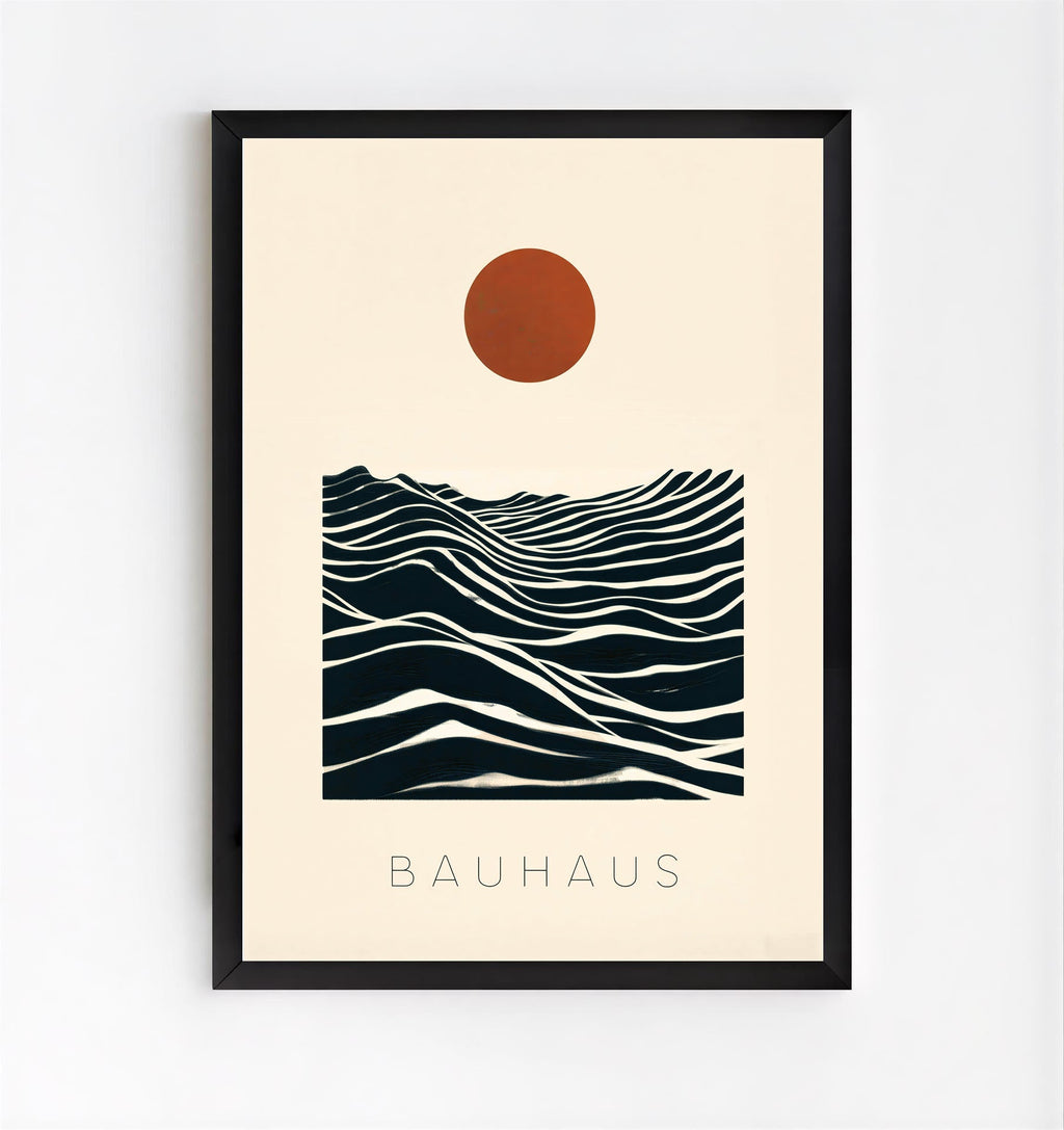 Bauhaus sun and waves abstract poster