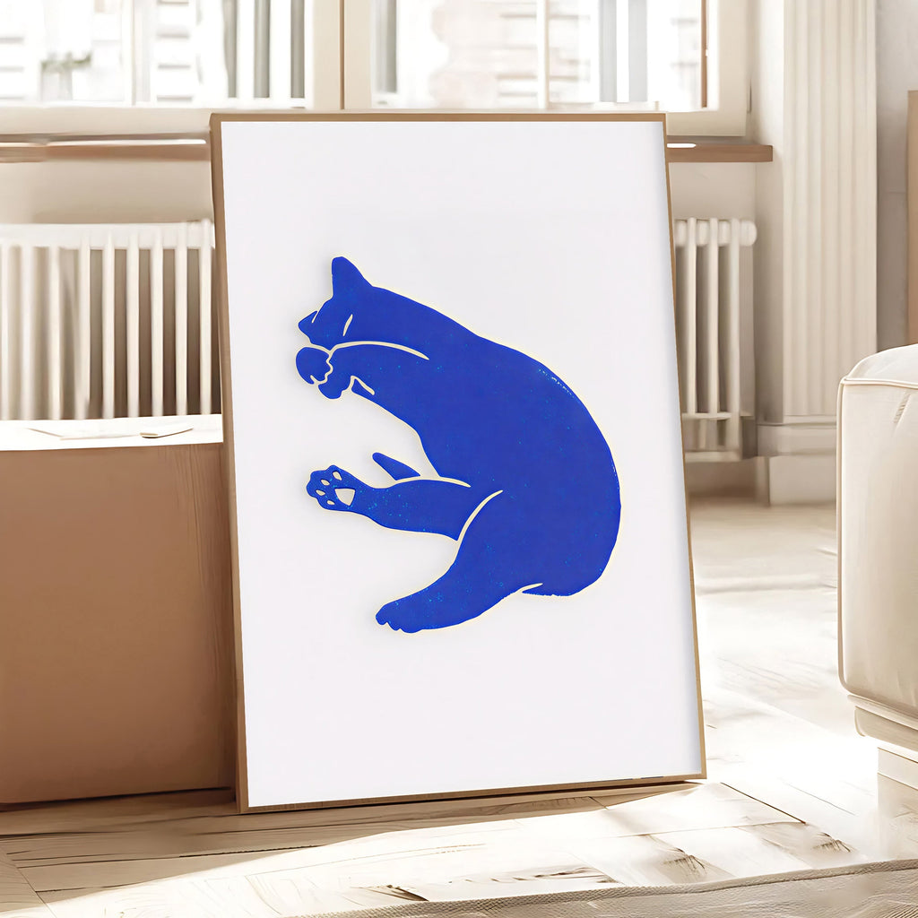 Minimalist blue cat wall art print