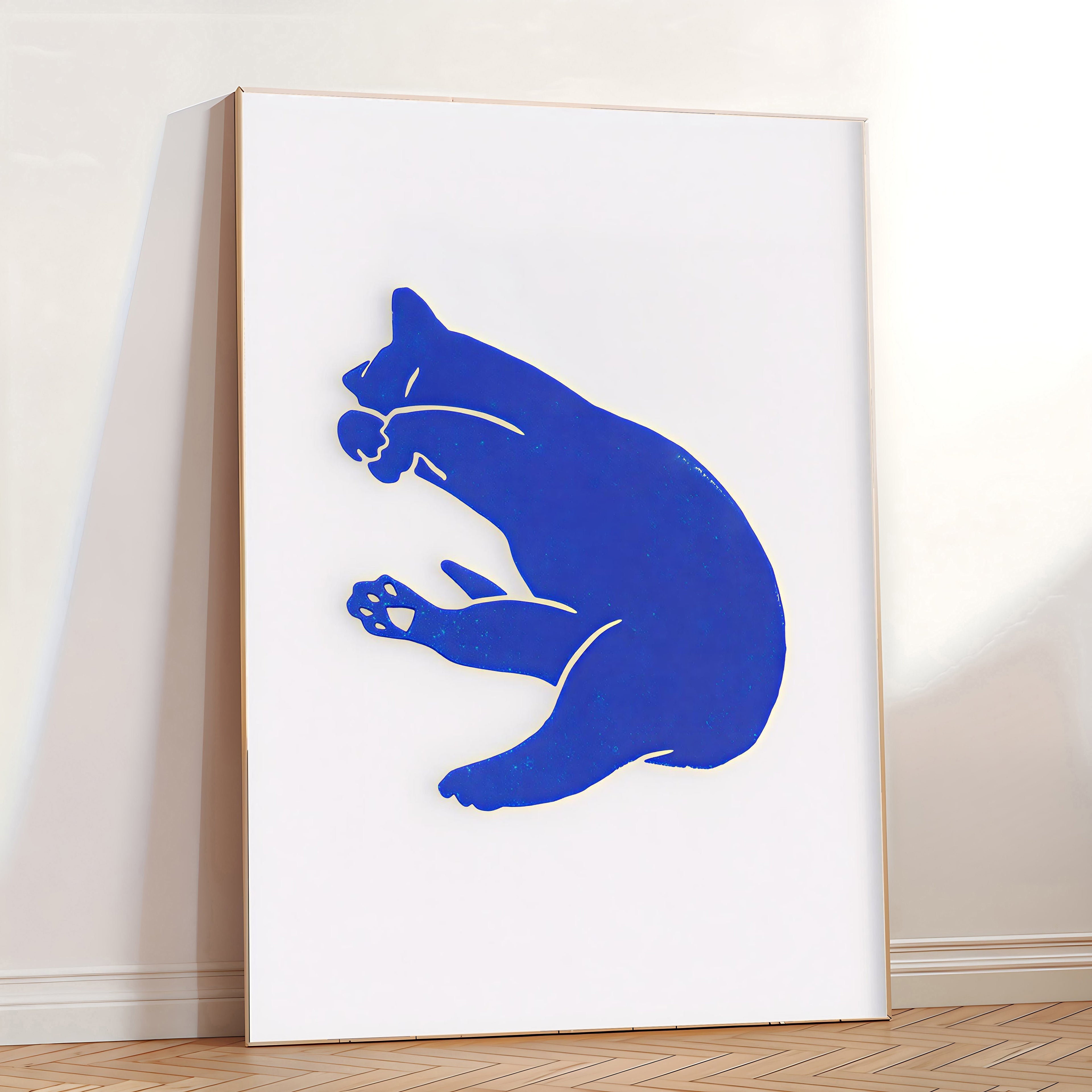Minimalist blue cat wall art print