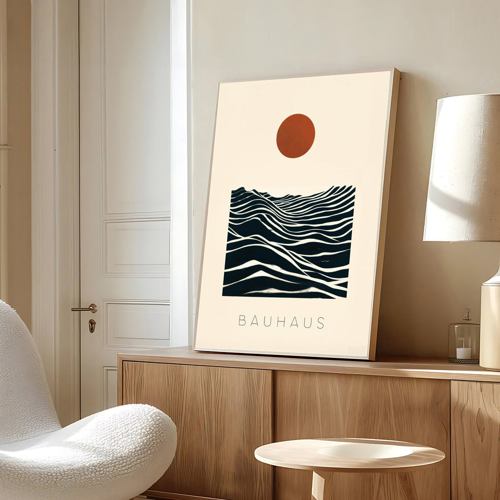 Bauhaus sun and waves abstract poster
