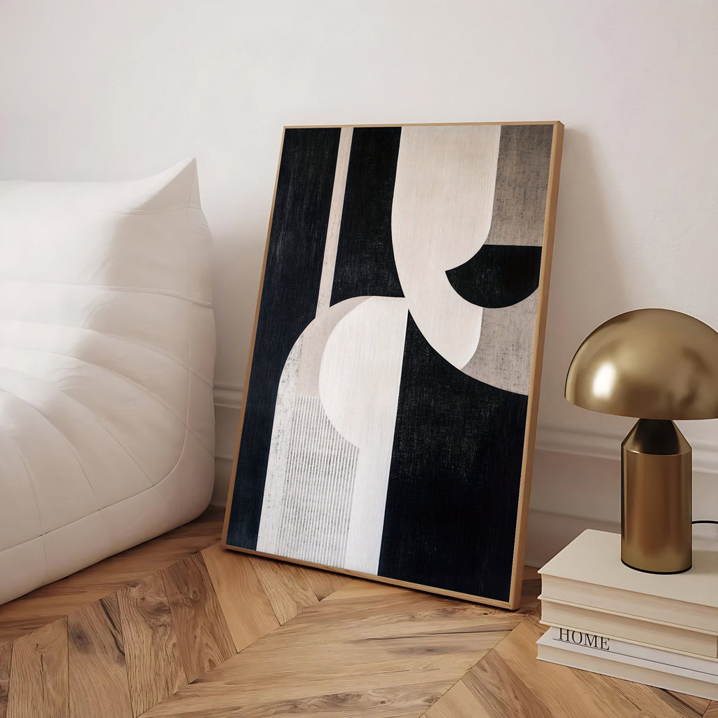 Abstract geometric wall art print in black and beige