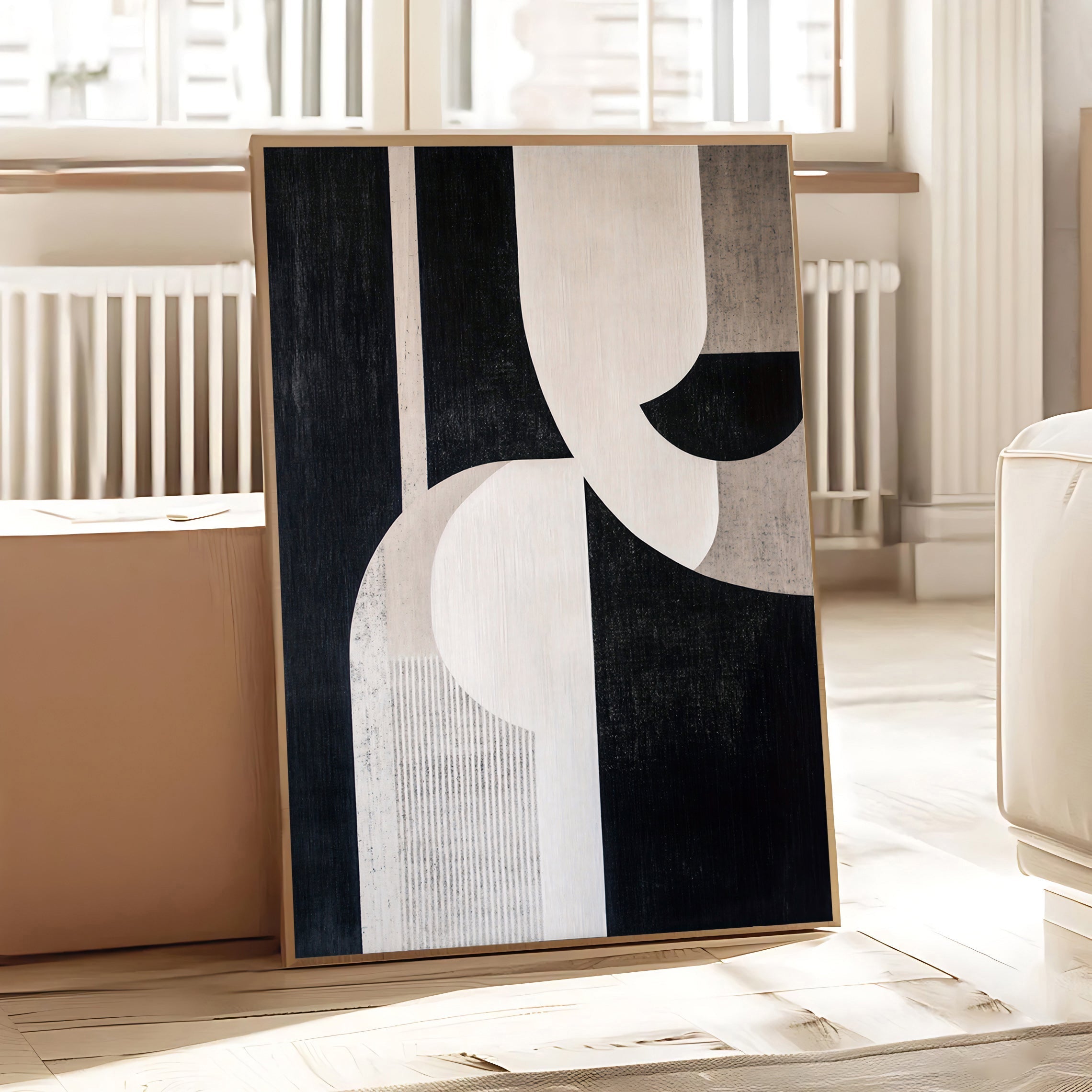 Abstract geometric wall art print in black and beige